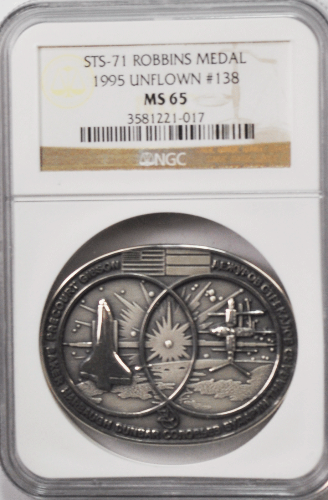 1995 STS-71 Robbins Space Silver Medal Unflown #138 NGC MS65 Atlantis Mir