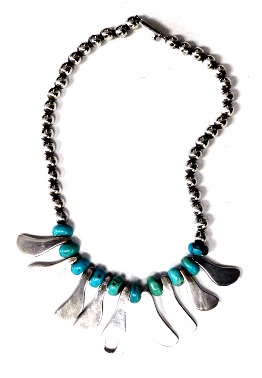 Sterling Round Beaded Piano Key 45mm Paddle Turquoise Necklace 16.5"  125g