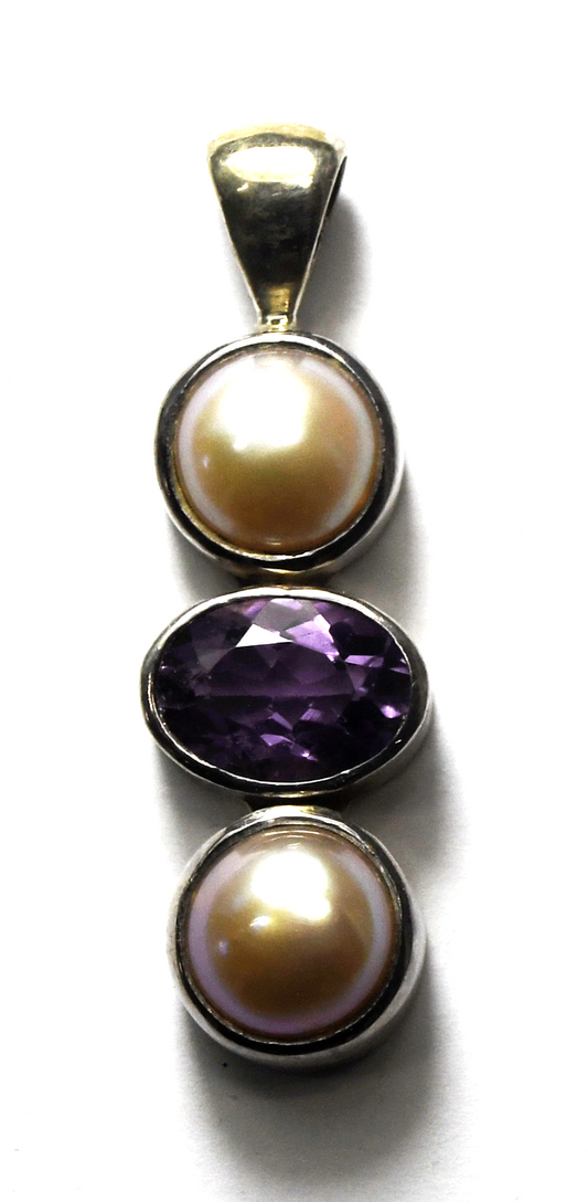 Sterling Starborn Round Pearl Amethyst Tiered Pendant 44mm x 13mm