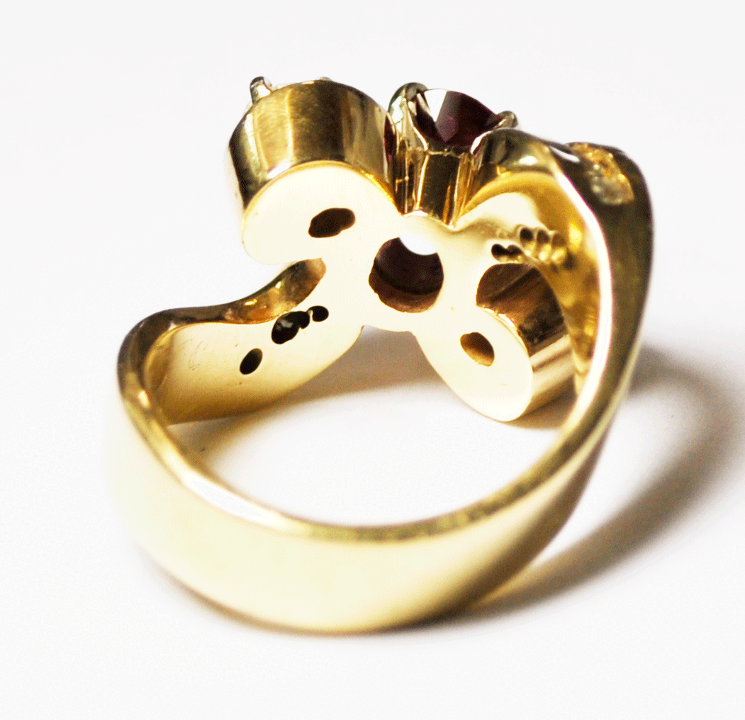 14k Yellow Gold Ruby & Diamond Freeform Double Hook Open Heart Ring 15mm Size 7