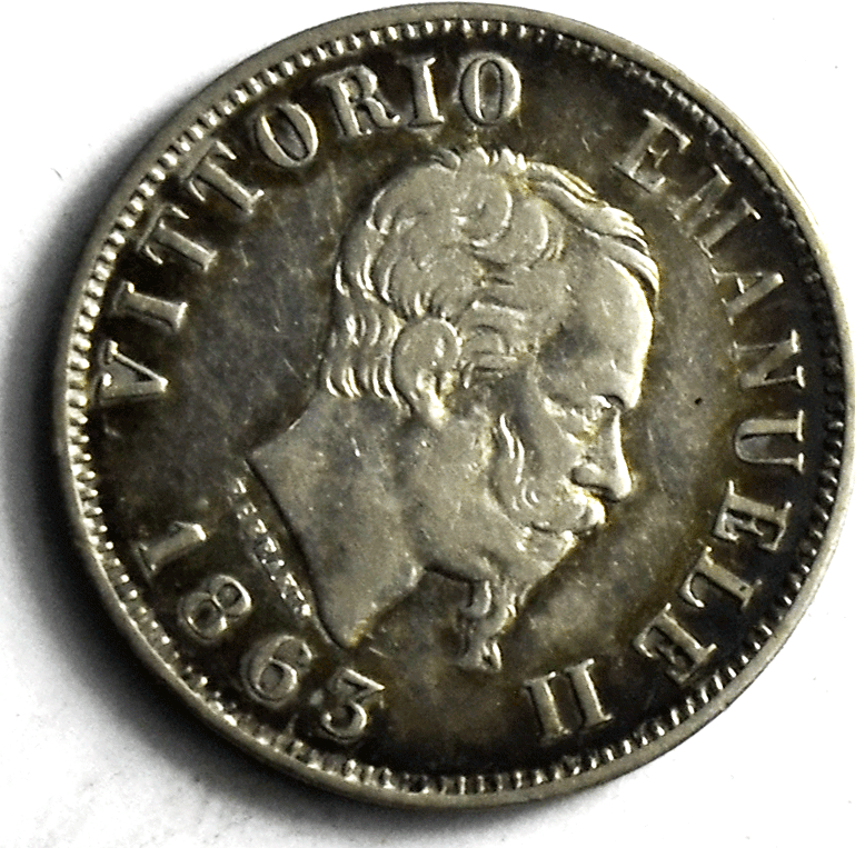 1863 M Italy 50 Fifty Centesimi Silver Coin KM# 14.1