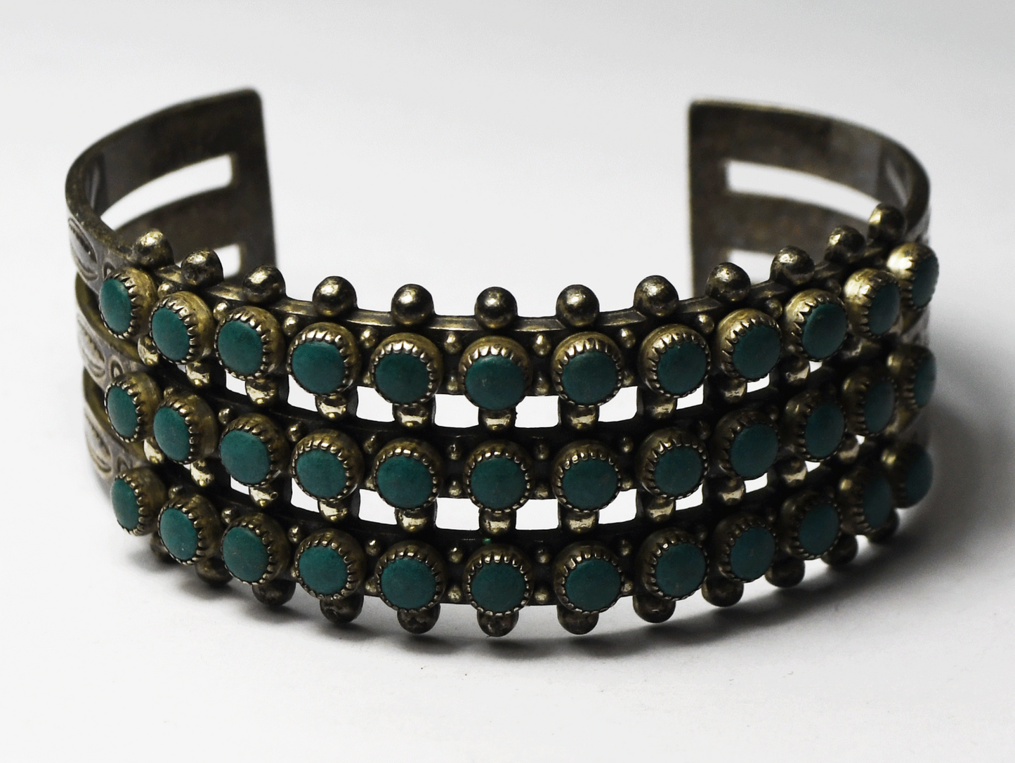 Sterling Antique Dot 3 Row Cluster Green Turquoise 23mm Cuff Bracelet 6.5" Wrist