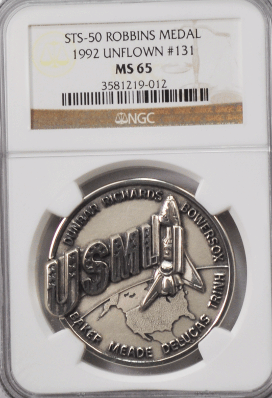1992 STS-50 Robbins Space Silver Medal Unflown #131 NGC MS65 Columbia USML