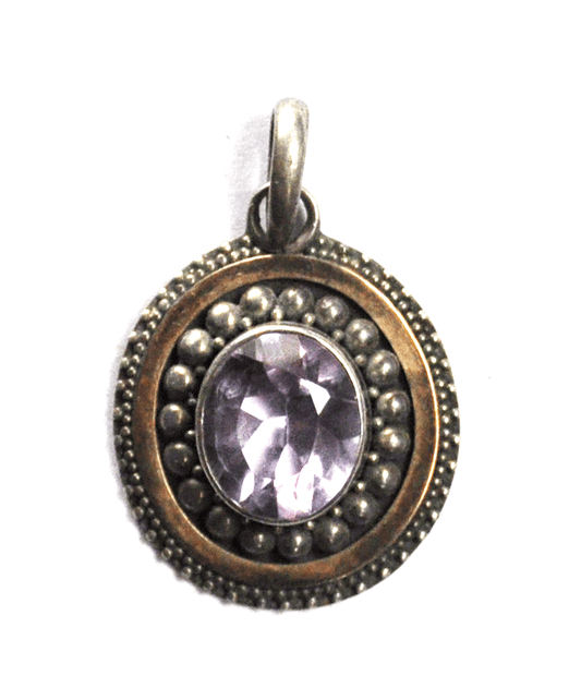 Sterling Silver Oval Purple CZ 33mm x 22mm Two Tone Pendant 5mm Bale Dot Halo