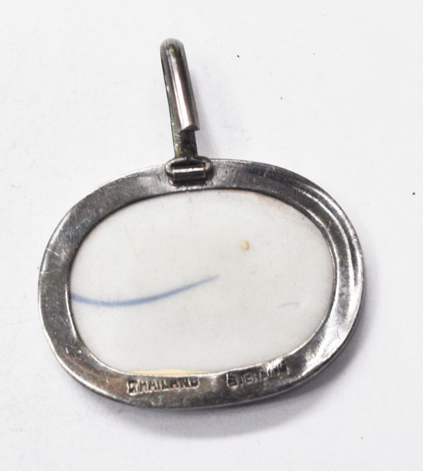 Sterling Silver White & Blue Ceramic Disc Clip Open Bale Pendant 46mm x 41mm