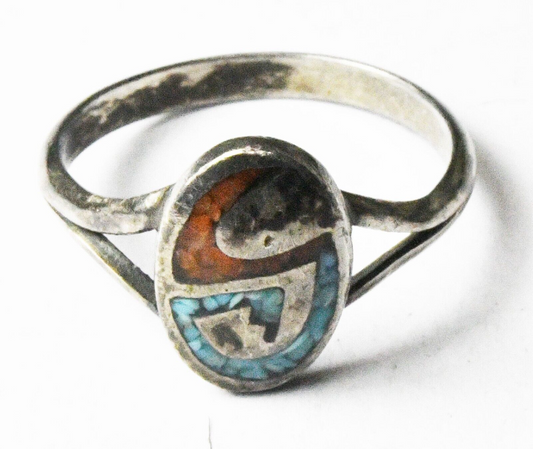 Sterling Silver Chip Inlay Turquoise Coral Oval 13mm Snake Ring Size 8