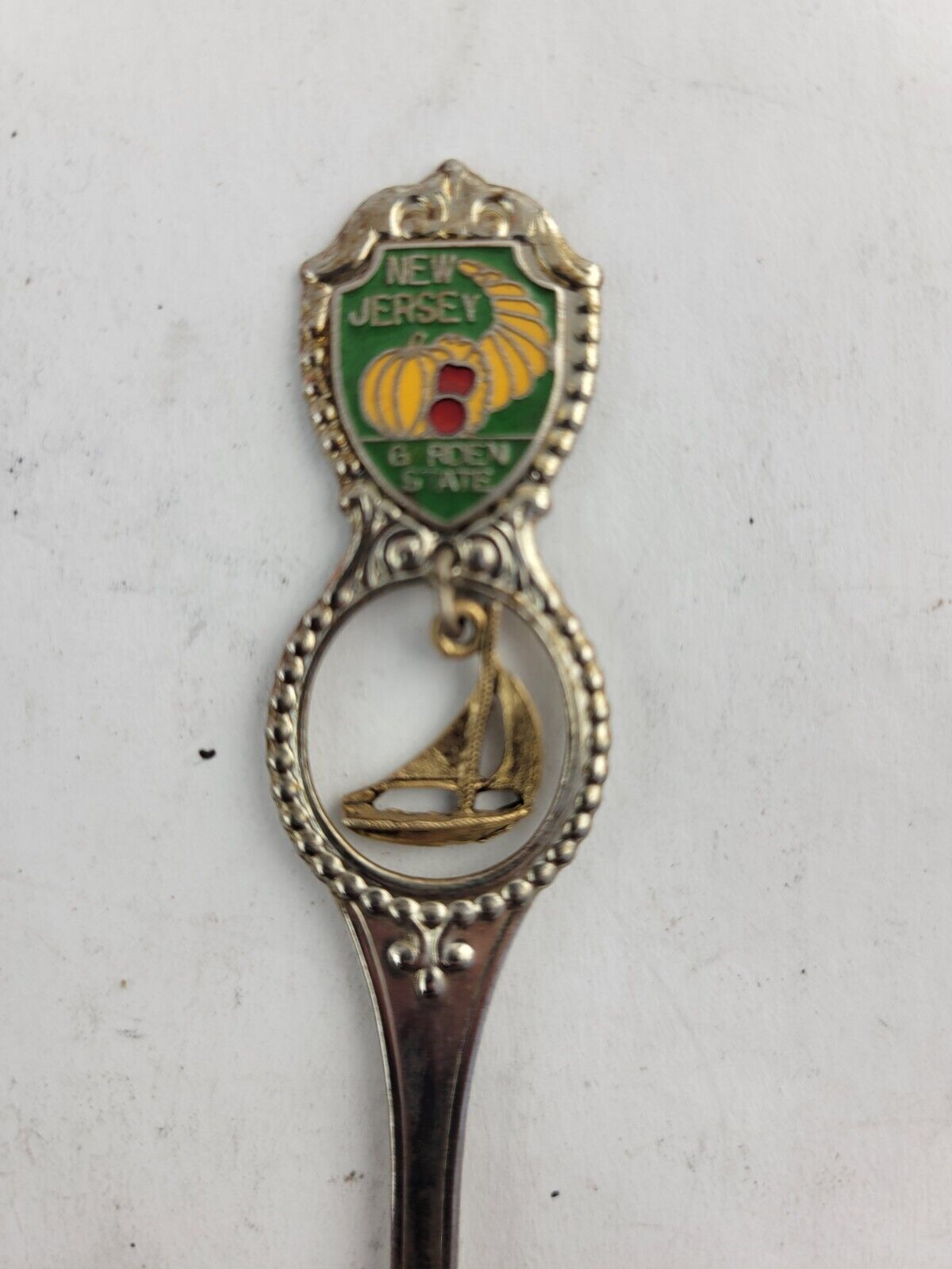 Vintage Souvenir Spoon New Jersey Enameled Gold Tone Sailboat Newark Trenton