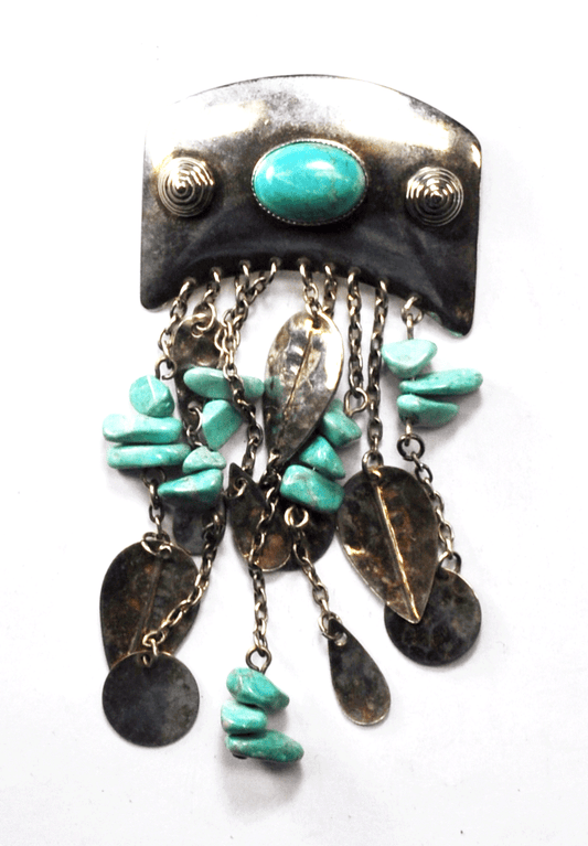 Silver Plated Turquoise Modernist Leaf Chunk Dangle Brooch Pin 1-3/4" x 3-3/4"