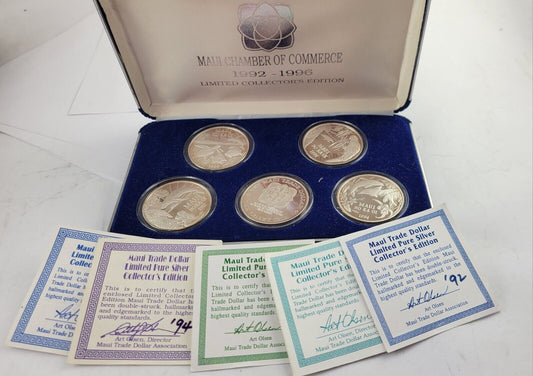 1992-1996 Proof Maui Trade Dollars  .999 1oz. Fine Silver 5pc Collectors Edition
