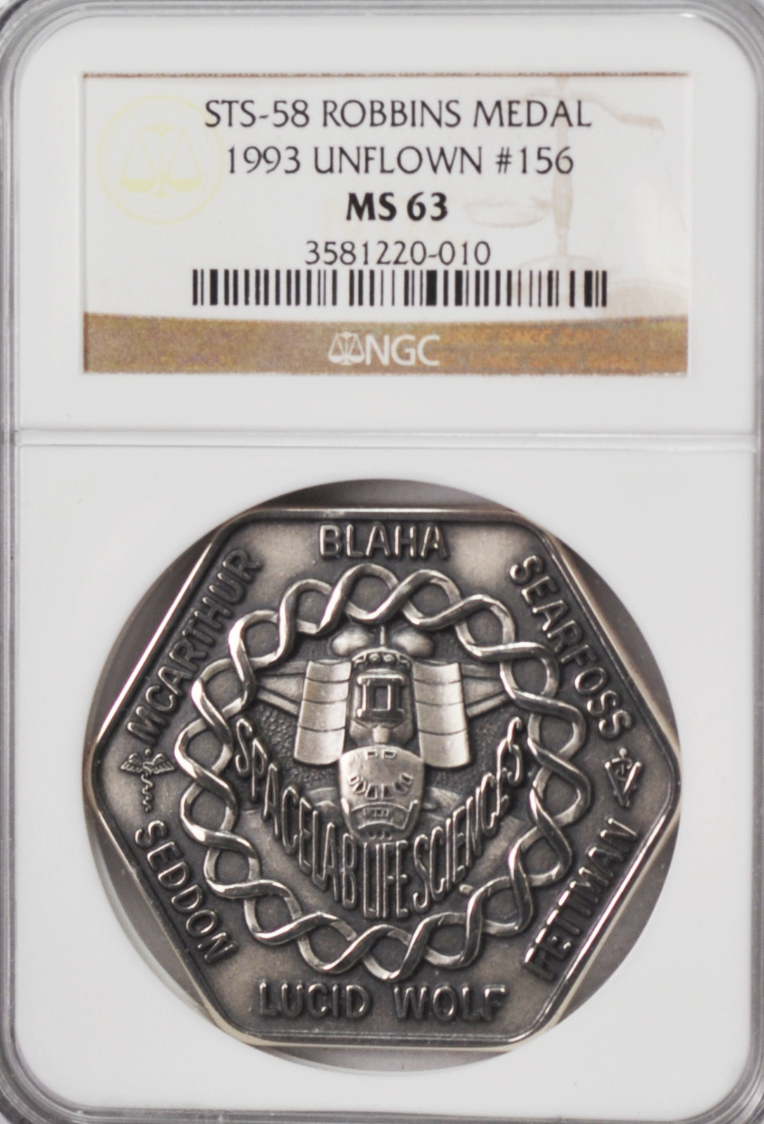 1993 STS-58 Robbins Silver Space Medal Unflown #156 NGC MS63 Columbia