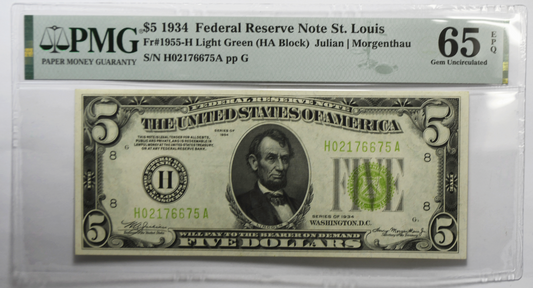 1934 $5 Federal Reserve  Note H02176675A Fr#1955-H LGS PMG 65 EPQ