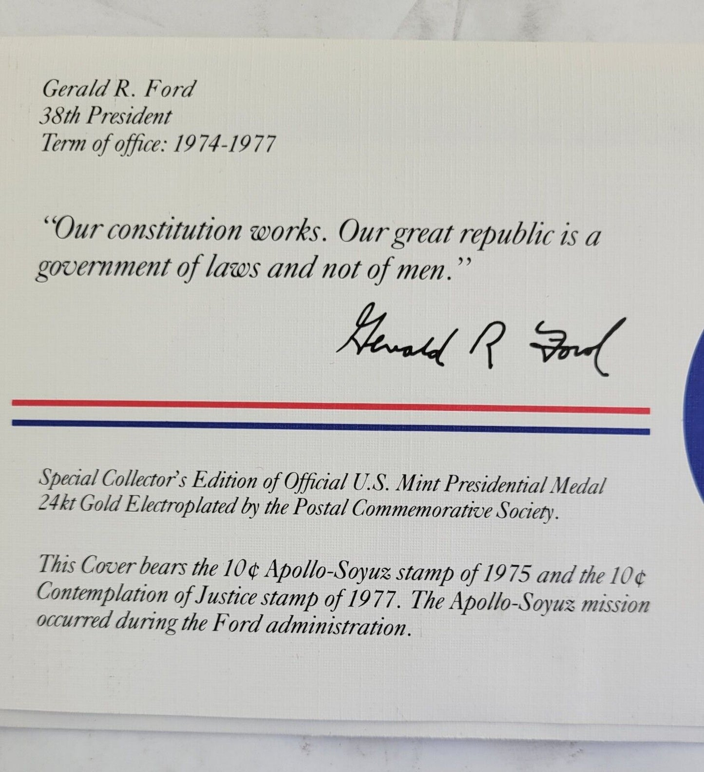 Gerald R Ford Presidential Covers Medal Postal Commemorative Society Gold Plated