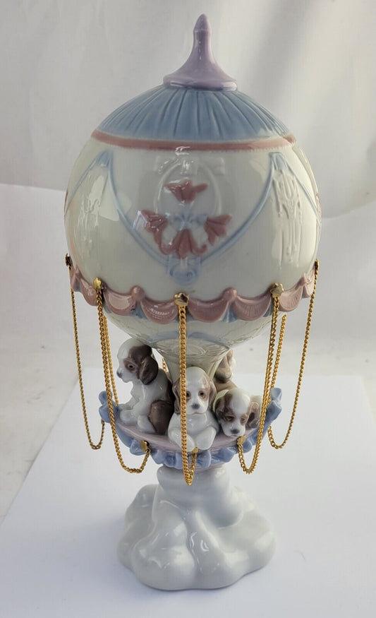 1997 Lladro #6524 “Up And Away” With Puppies Figurine Spain Hot Air Balloon