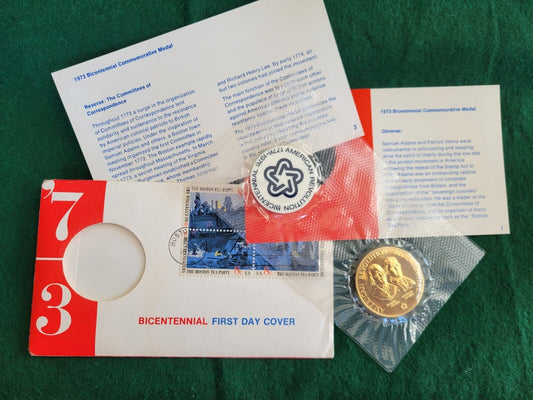 1973 Admas & Henry Bicentennial First Day Cover Commemorative Medal & Stamps Set