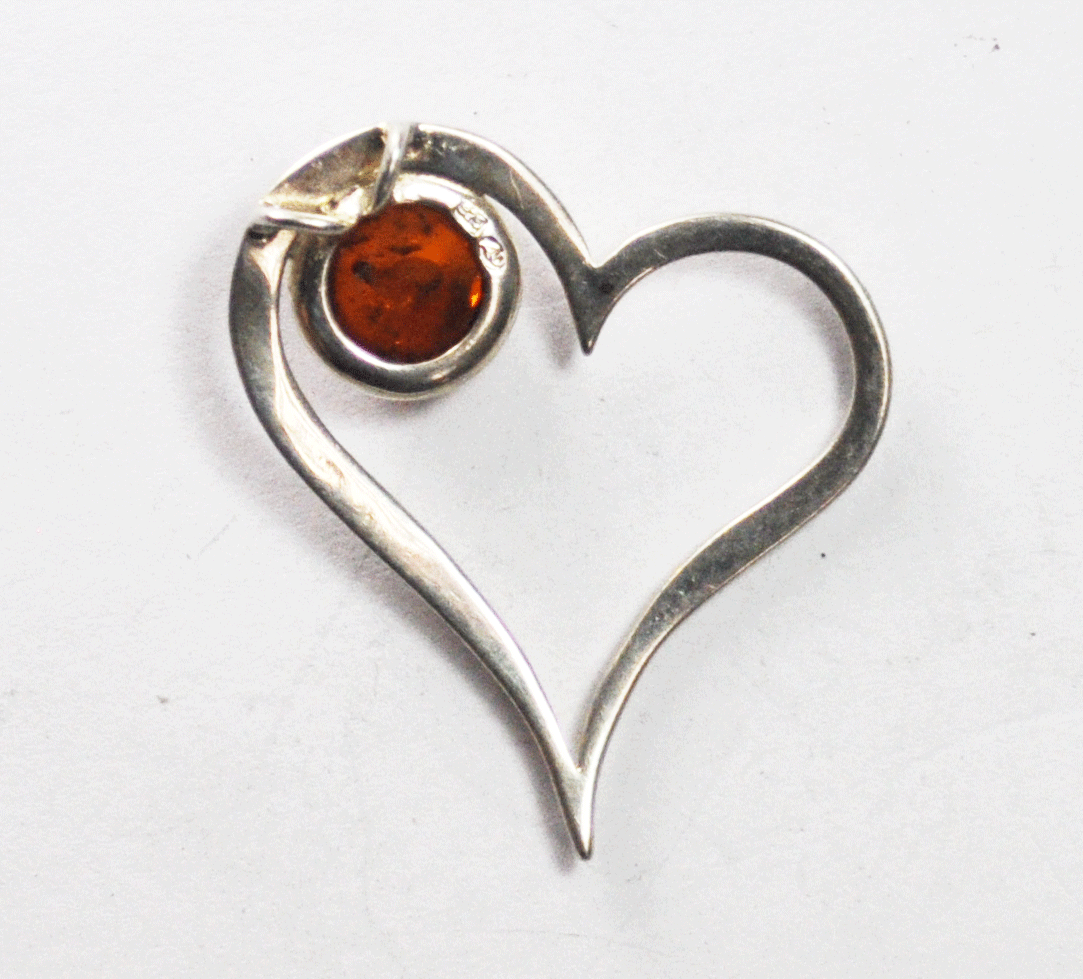 Sterling Silver Round Amber Wire Heart Halo 37mm x 34mm Pendant 3mm Bale Slide