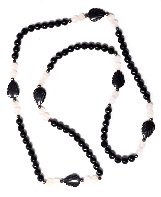 Black Onyx Carved 15mm Leaf Quartz 9mm Round Bead 36" Necklace