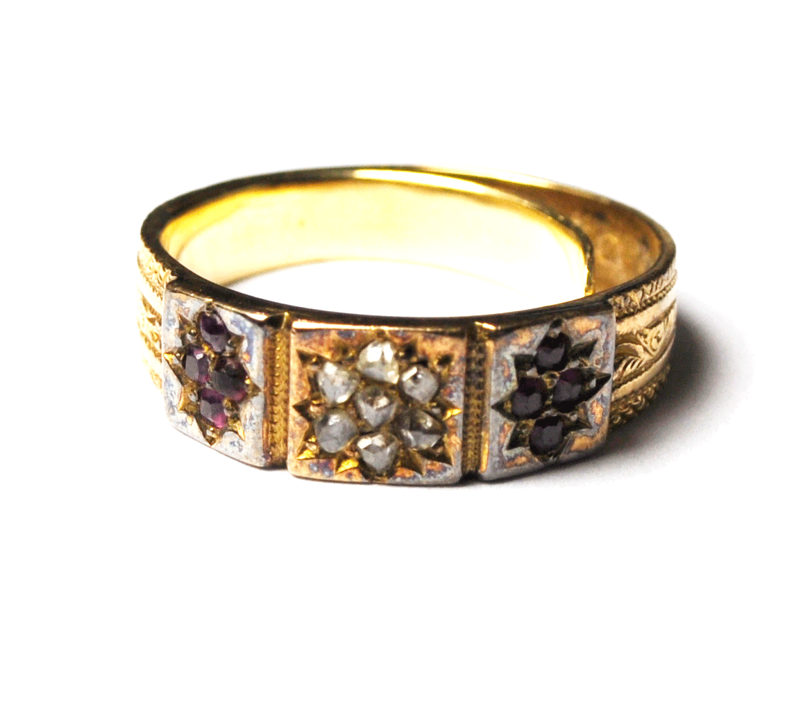 18k Yellow Gold Antique Birmingham circa 1796 Wedding Band Ruby Diamond Ring