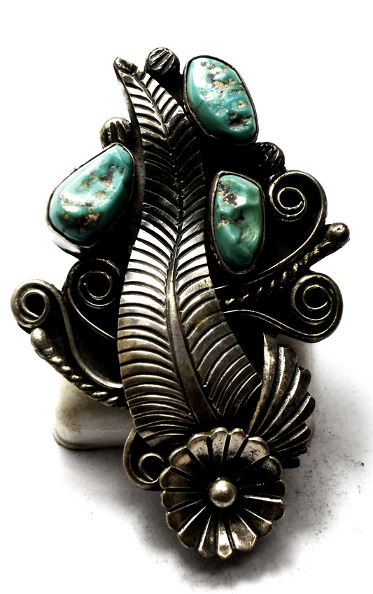 Sterling Silver Loren Begay Large Floral Turquoise  Ring 56mm Size 8