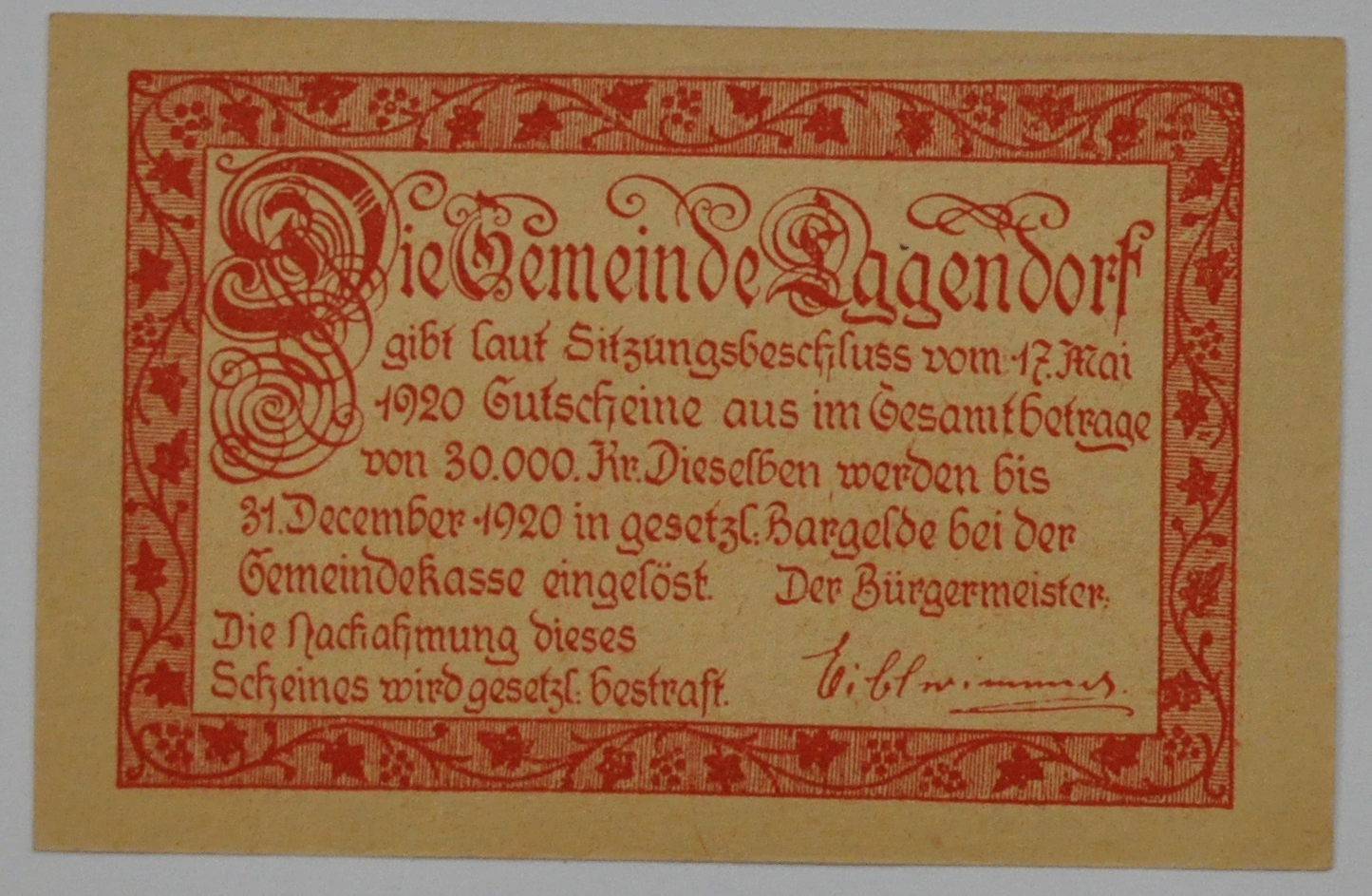 1920 20 Heller Austria Notgeld Banknote Eggendorf Uncirculated