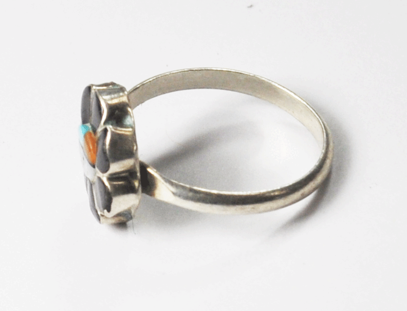Sterling Silver Inlay Sun Face Onyx Turquoise MOP Coral Ring 11mm Size 5