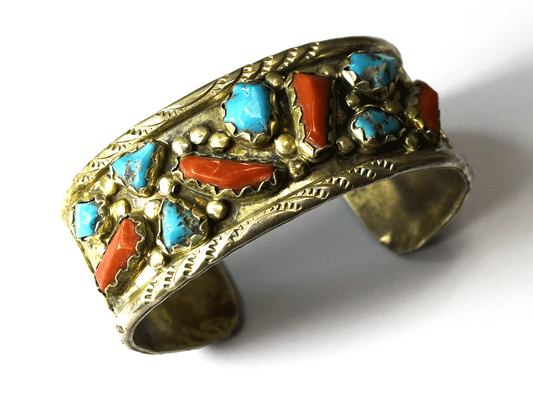 Sterling Silver ML Coral Turquoise Chunk Cuff Bracelet 25mm 6" Wrist