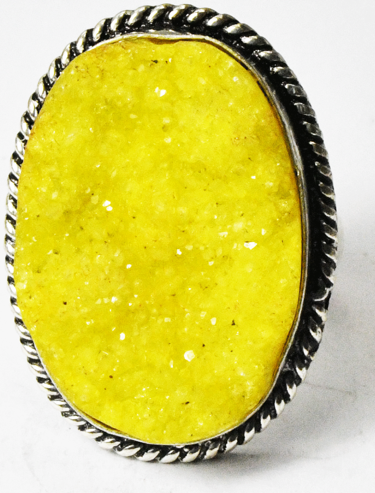 Sterling Silver Large Oval Yellow Quartz Druzy Ring 32mm Size 9-1/2