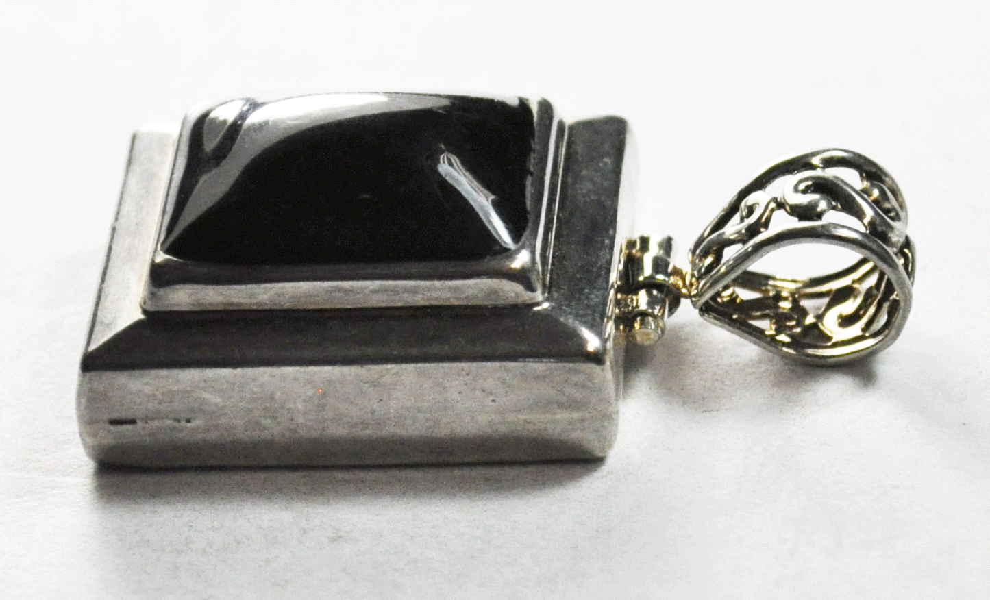 Sterling Silver Domed Black Onyx Rectangle Filigree Floral Pendant 41mm x 22mm