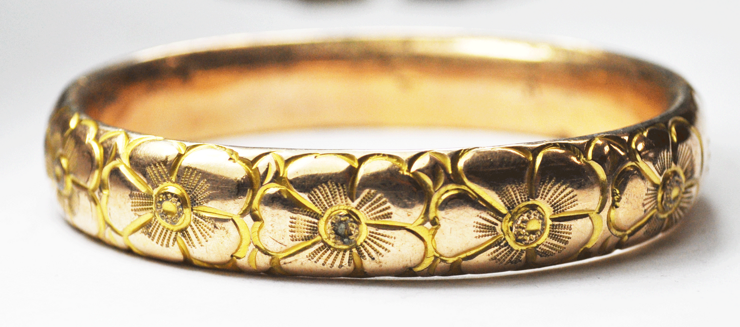Gold Filled Flower Large Oval Hinged Bangle Bracelet 14mm