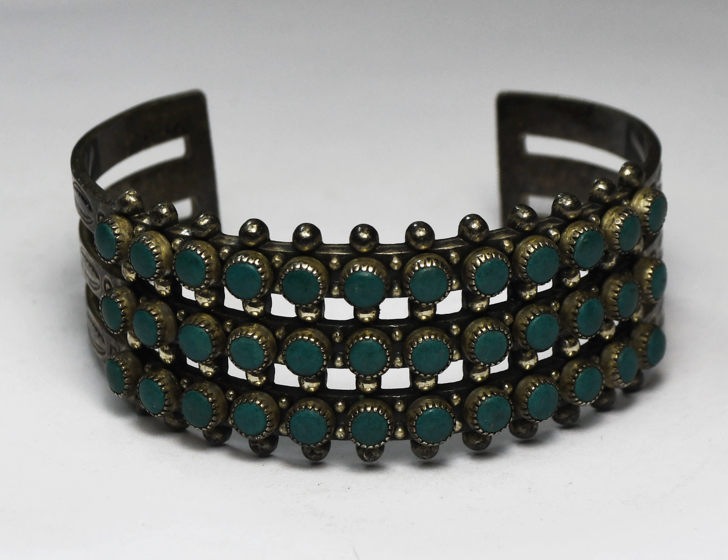 Sterling Antique Dot 3 Row Cluster Green Turquoise 23mm Cuff Bracelet 6.5" Wrist