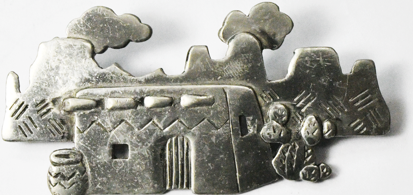 Pewter 1988 Jonette Pueblo Village landscape Brooch Pin 64mm x 32mm
