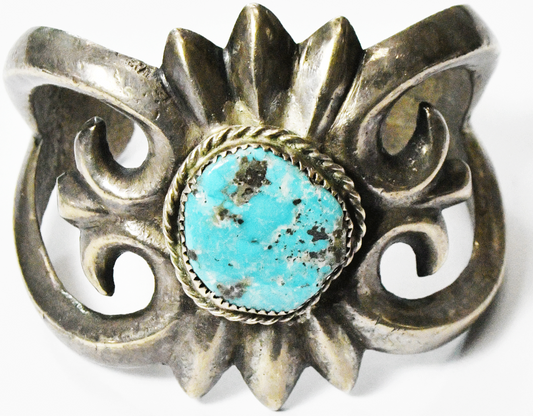 Antique Sterling Sand Cast Spiked Edge Turquoise Scroll Cuff Bracelet 52mm