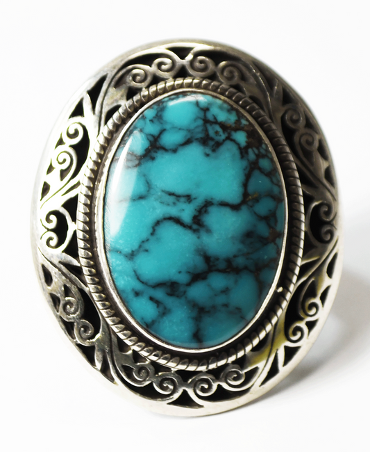 Sterling Silver Spiderweb Turquoise Large Oval Ring 38mm Size 8-1/2