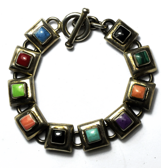 Sterling Multi Stone Square Toggle Bracelet 12mm 7.25" Turquoise Malachite 38g