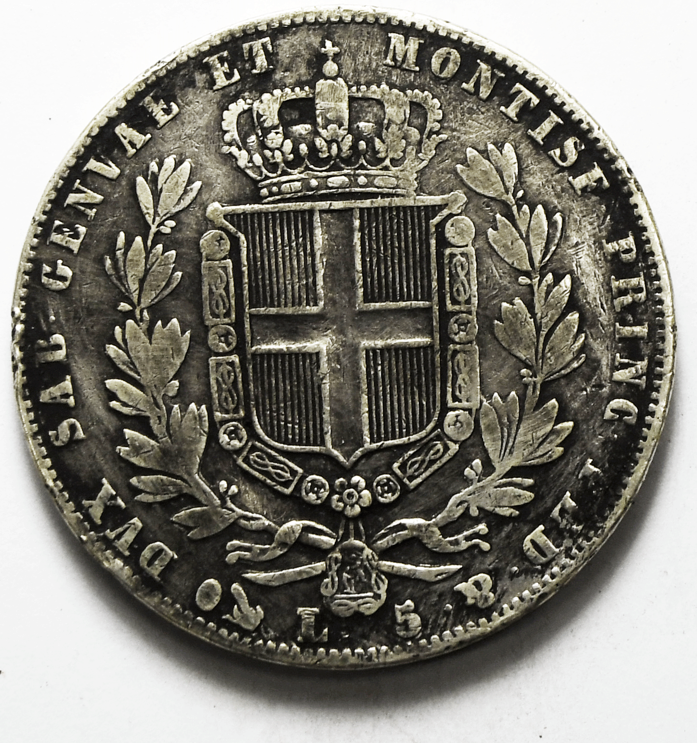1849 Italian States Sardina 5 Lire Silver Coin Hier KM# 130.1