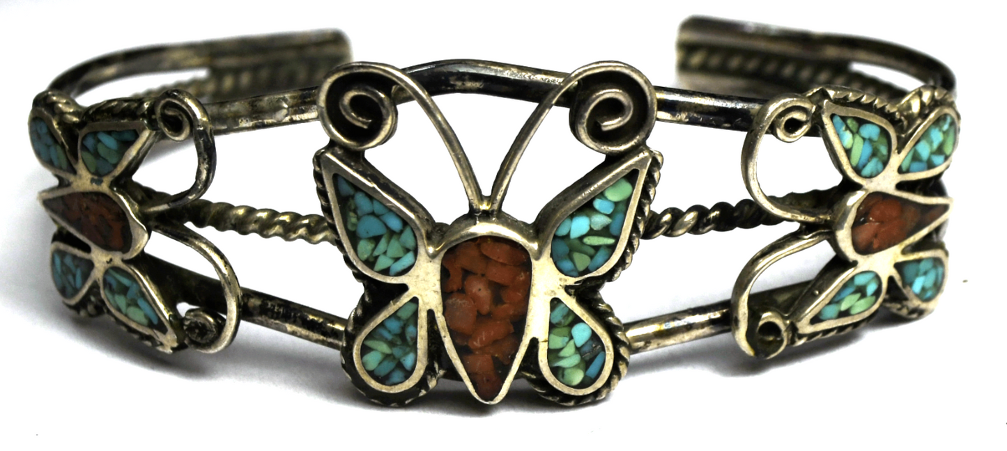 Sterling Coral Turquoise Chip Inlay Butterfly 22mm Cuff Bracelet 6" Wrist