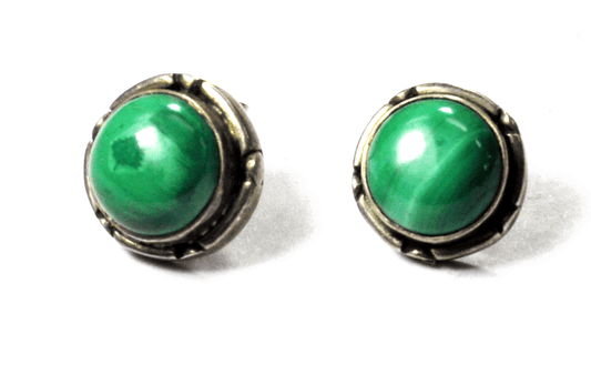 Sterling Silver Green Malachite Stud Earring Round Domed 14mm