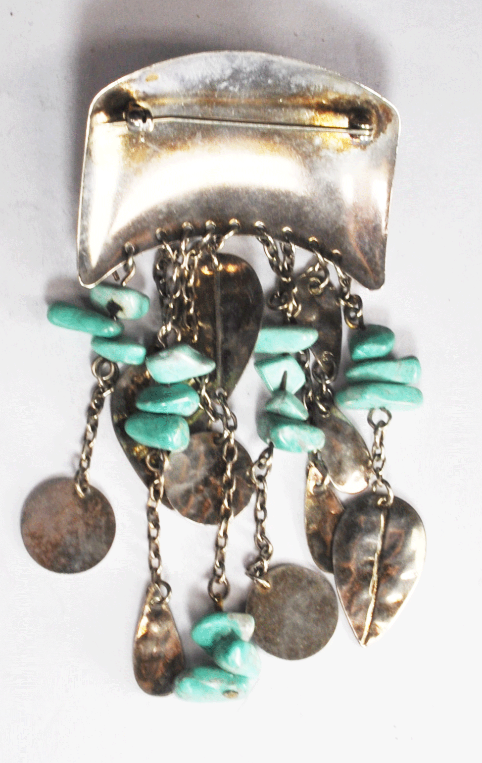 Silver Plated Turquoise Modernist Leaf Chunk Dangle Brooch Pin 1-3/4" x 3-3/4"
