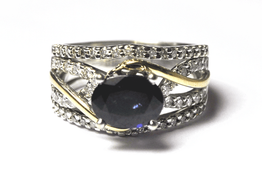 14k White Gold Sapphire Diamond Twist Overlapping Ring F.D. 11mm Size 6-3/4