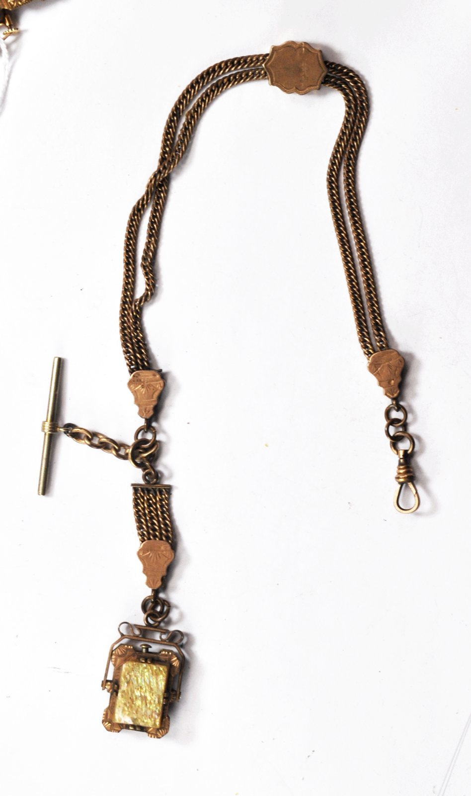 LWP Gold Filled Pocket Watch Double Chain Slide MOP Locket Fob 15-3/4"  55g