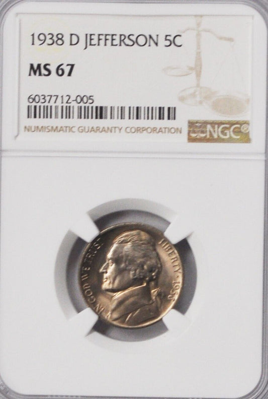 1938 D 5c Jefferson Nickel Five Cents NGC MS67  BU Denver