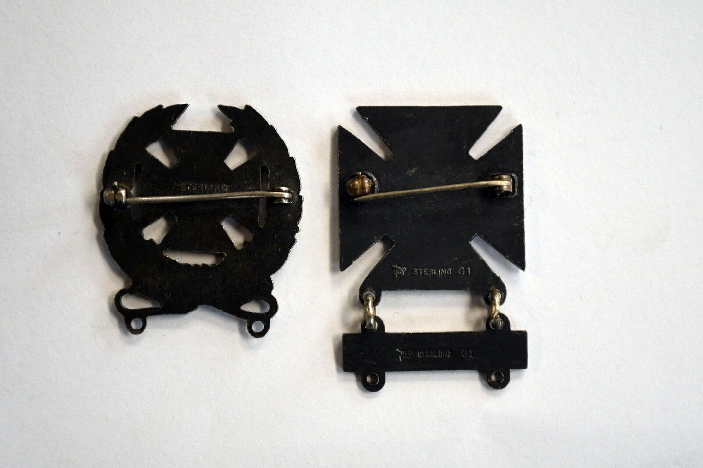 Set of 2 WWII Era Bell Trading Post Rifle Sterling Marksman Pin Cross Medals