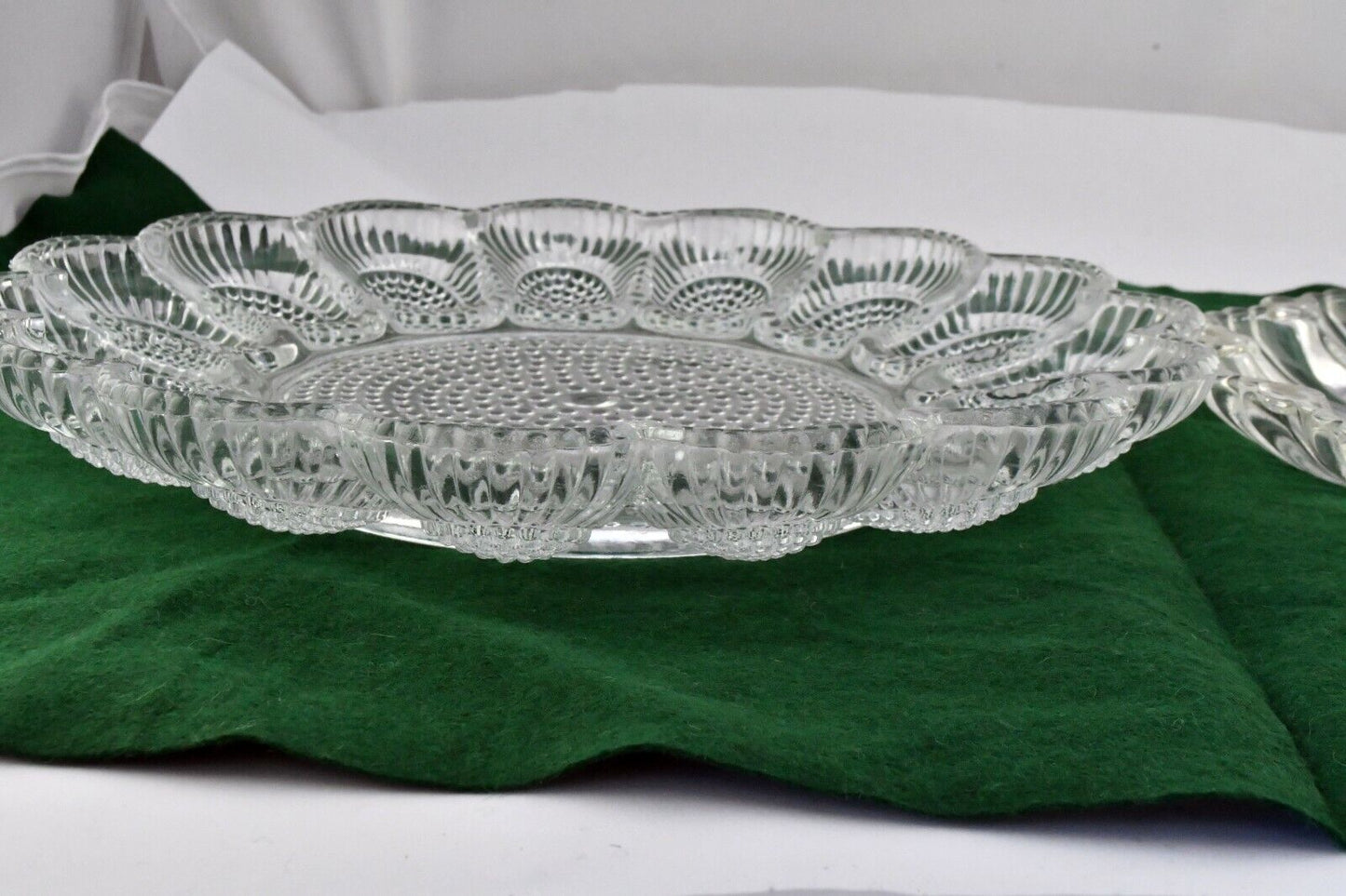 Set of 2  Indiana Glass Hobnail Scalloped Seashell Deviled Egg Holders Plates