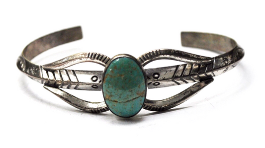 Sterling Silver Oval Green Turquoise Cuff Bracelet 17mm 6-1/2" Wrist