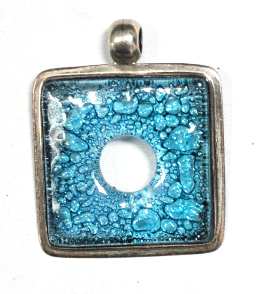 Sterling Silver Square Blue Bubble Holed Glass Pendant Slider 44mm x 36mm