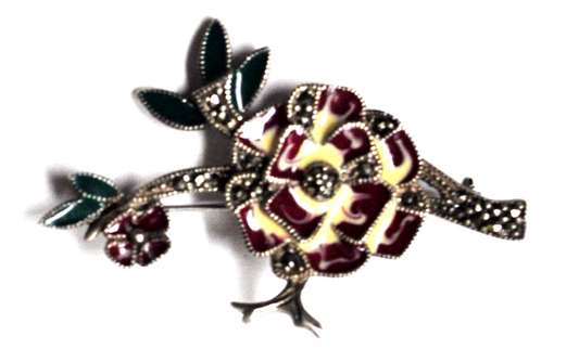 Sterling Silver Enameled Flower Rose Marcasite Brooch Pin 47x28mm