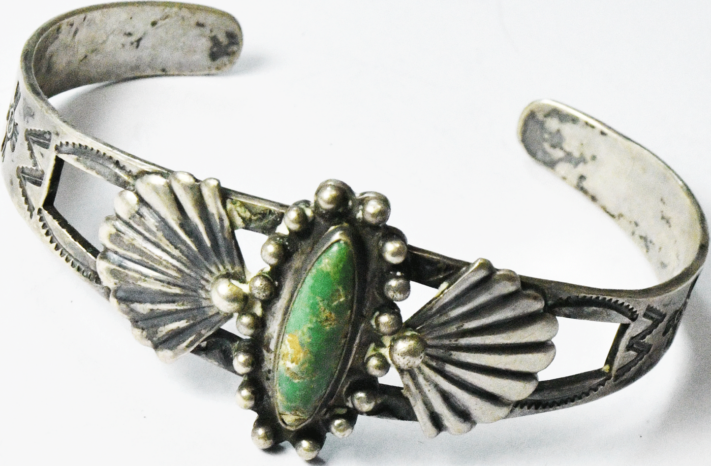 Antique Sterling Silver Green Turquoise Fan Edge Cuff Bracelet 24mm 6-1/2" Wrist