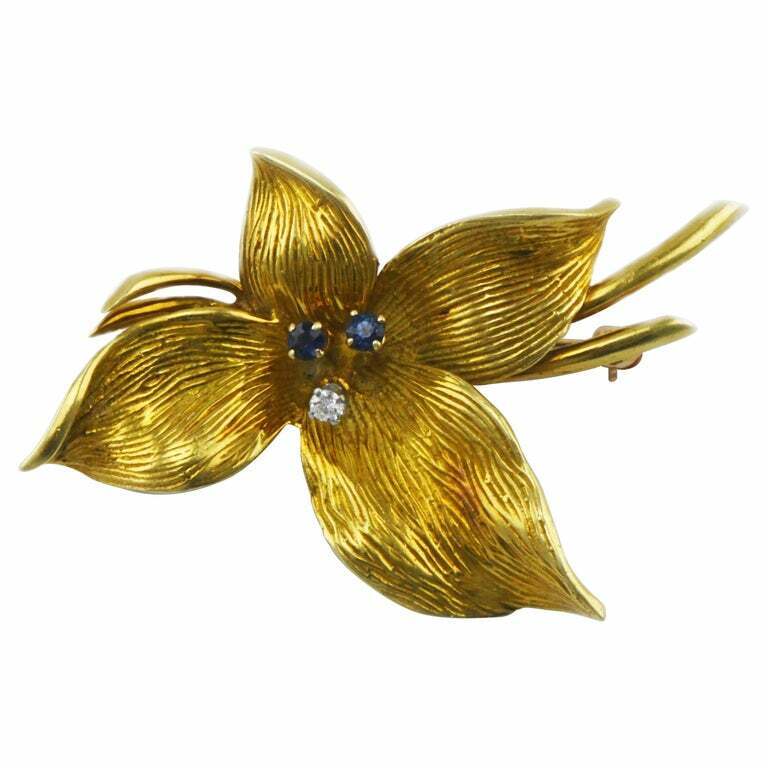 Vintage Honora 18 Karat Gold Sapphire and Diamond Lily Brooch