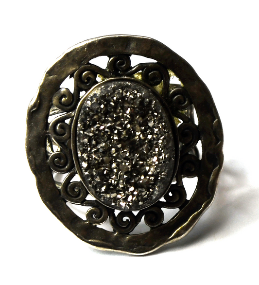 Or Paz Sterling Silver Druzy Quartz Filigree Sun Ring 28mm Size 8-1/4