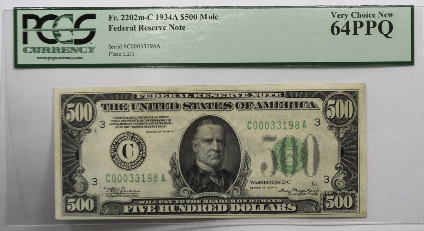 1934 A $500 Federal Reserve Note C00033198A FR#2202m PCGS 64 PPQ Mule