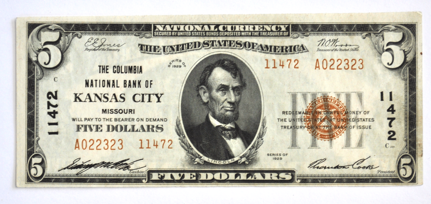 1929 $5 National Currency People NB Columnia NB KC MO Type 2 11472 A022323